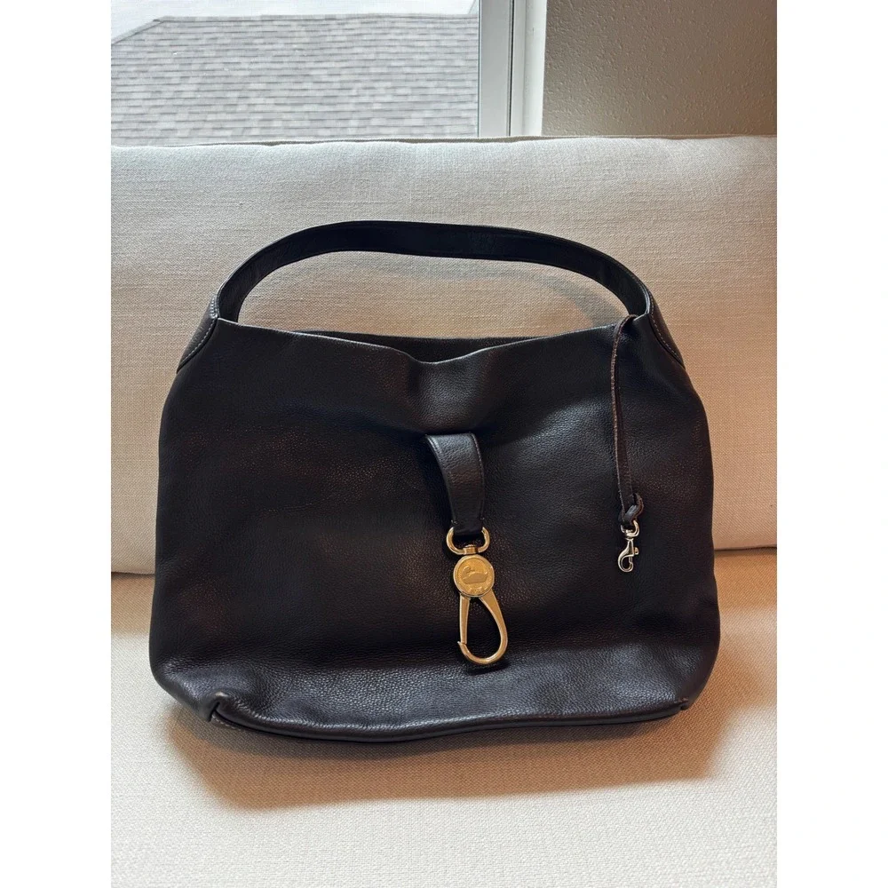 Dooney & Bourke Hobo Bag Espresso Brown Pebbled Leather Duck Logo Clasp